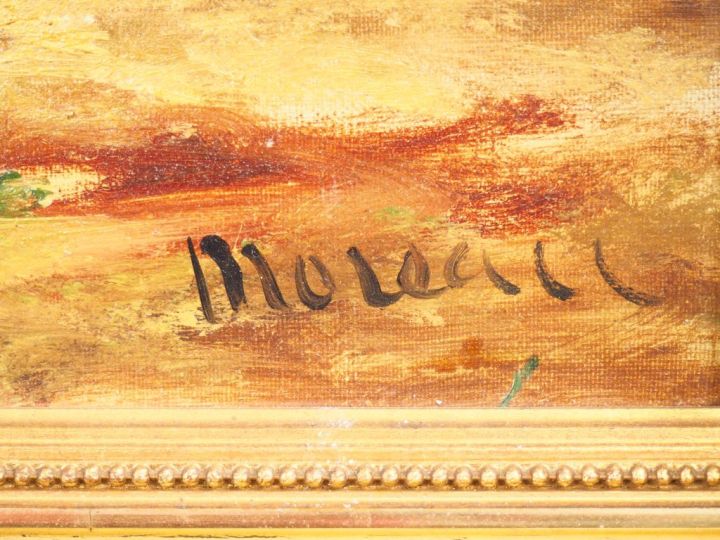 MOREAU. "Le panier de fleurs". Huile sur toile signée en bas à droite.