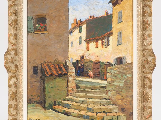 Louis MOURGUES. "Discussion dans la ruelle". Huile sur panneau signée 
