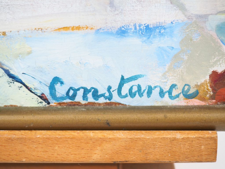 CONSTANCE NIELSEN "Le bal masqué". Huile sur toile signée en bas à dro