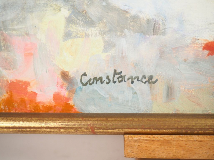 CONSTANCE NIELSEN. "Jeune fille à la robe rouge". Huile sur toile sign