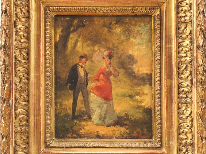 PIENOUX. "Conversation galante". Huile sur toile signée en bas à droit