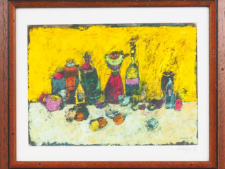 Vente aux enchères Sophie PIERREFIX. "Le soleil en fond". Huile sur isorel, signée en bas