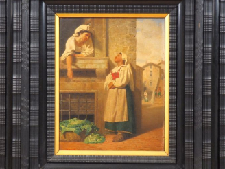 Vente aux enchères Jacques PILLIARD. "Discussion au bord de la fenêtre". Huile sur toile 