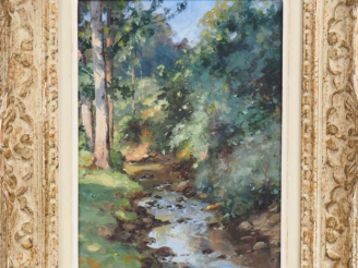 Vente aux enchères Albert REGAGNON.  "Rivière en Ariège". Huile sur panneau, signée en ba