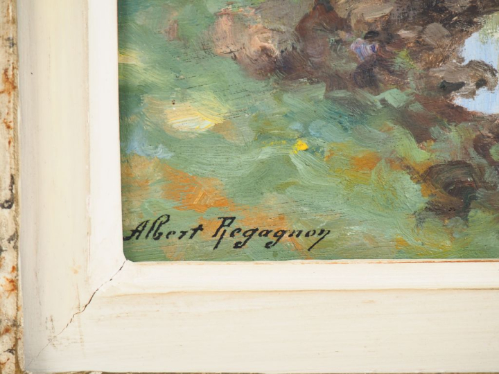 Albert REGAGNON.  "Rivière en Ariège". Huile sur panneau, signée en ba