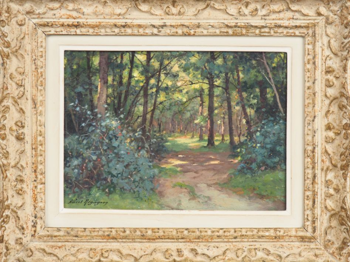 Albert REGAGNON.  "Lisière de forêt en Ariège". Huile sur panneau, sig