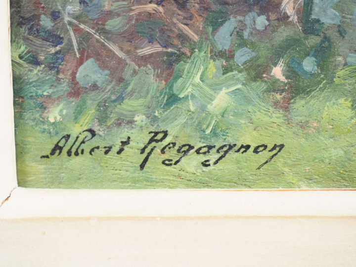 Albert REGAGNON.  "Lisière de forêt en Ariège". Huile sur panneau, sig