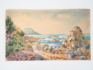 Vente aux enchères RENAUDIN. "La roche avec falaises sémaphore". Aquarelle signée en bas 