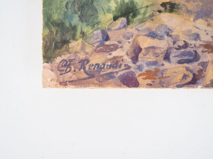 RENAUDIN. "La roche avec falaises sémaphore". Aquarelle signée en bas 