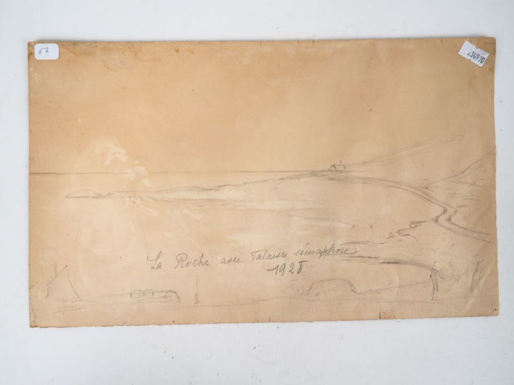 RENAUDIN. "La roche avec falaises sémaphore". Aquarelle signée en bas 