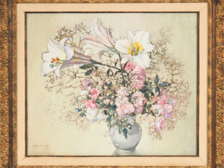 Vente aux enchères Hélène RIVIERE. "Bouquet de fleurs dans un vase" et "paysage". Huile s
