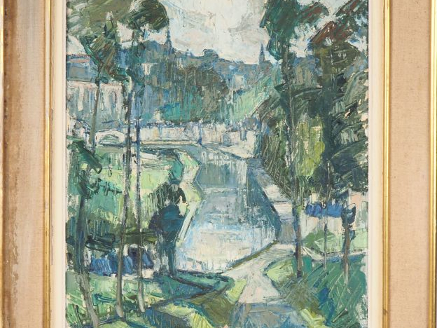 Pierre ROCHEREAU. "Arrivée à Dinan". Huile sur toile signée en bas à d