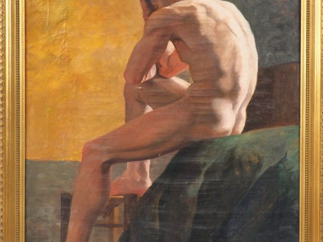 P. TROY. "Nu de dos". Huile sur toile, non signée Dim. 77 x 64,5 cm.