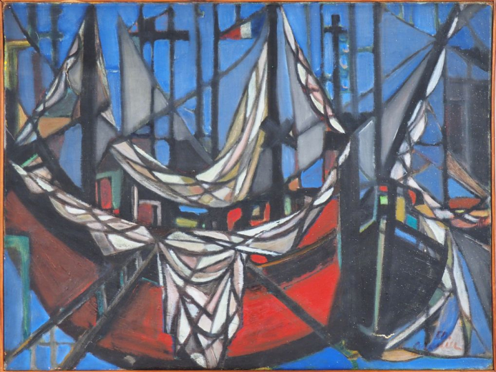 Ecole française XXème. "Le port". Huile sur toile signée en bas à droi