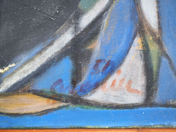 Ecole française XXème. "Le port". Huile sur toile signée en bas à droi