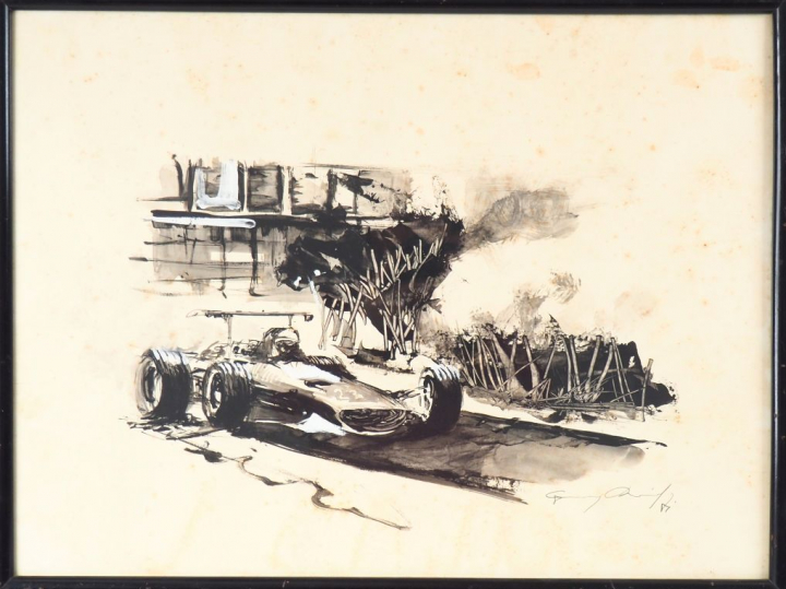 Ecole française XXème. "Course automobile". Gouache signée en bas à dr