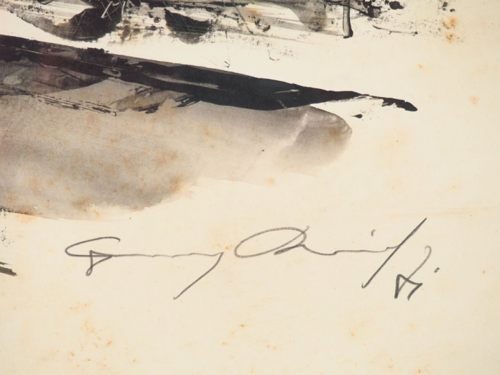 Ecole française XXème. "Course automobile". Gouache signée en bas à dr