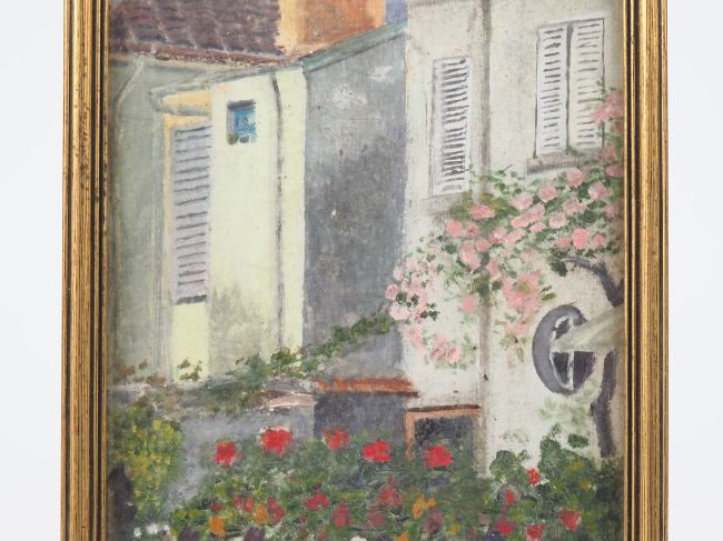 Ecole française XXème. "Jardin fleuri". Huile sur carton Dim. 24 x 18 