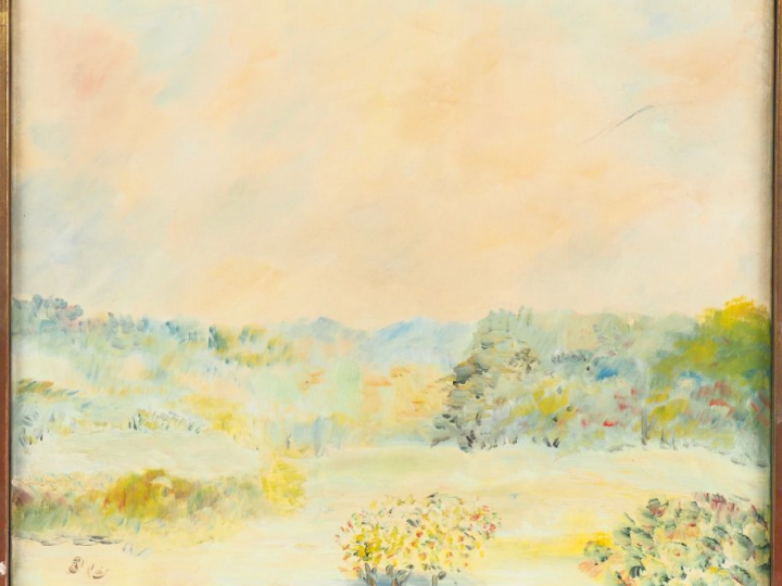 Ecole française XXème. "Début du printemps". Huile sur toile signée en