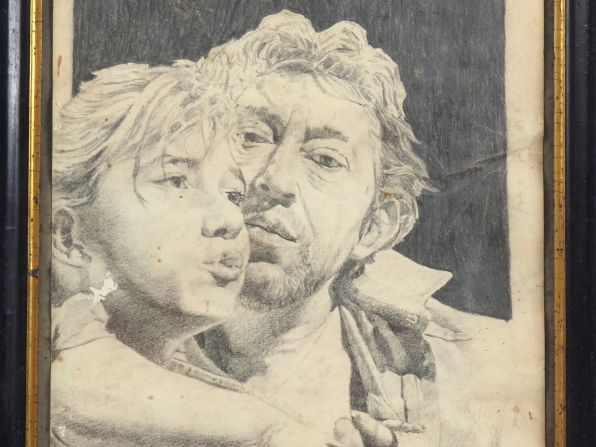 Ecole française Xxème. "Portrait de Gainsbourg et sa fille". Dessin mo