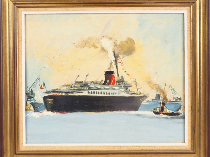 Ecole française XXème. "Les paquebots". Huile sur toile, signée en bas