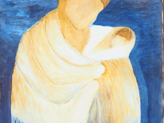 Ecole française XXème. "Maternité". Gouache sur papier. Dim. 29,5 x 20