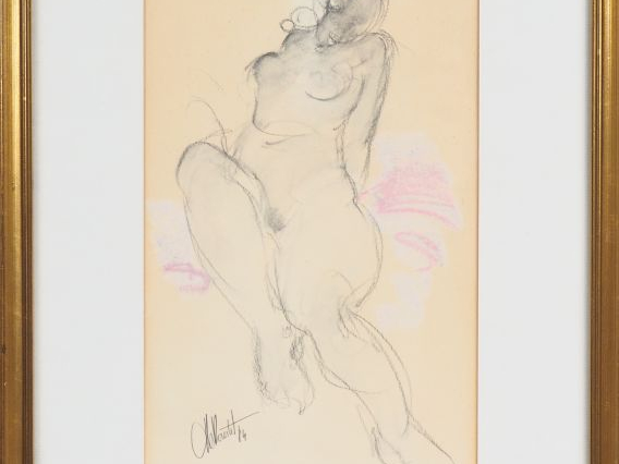 Ecole française XXème. "Odalisque moderne". Dessin rehaussé signé en b
