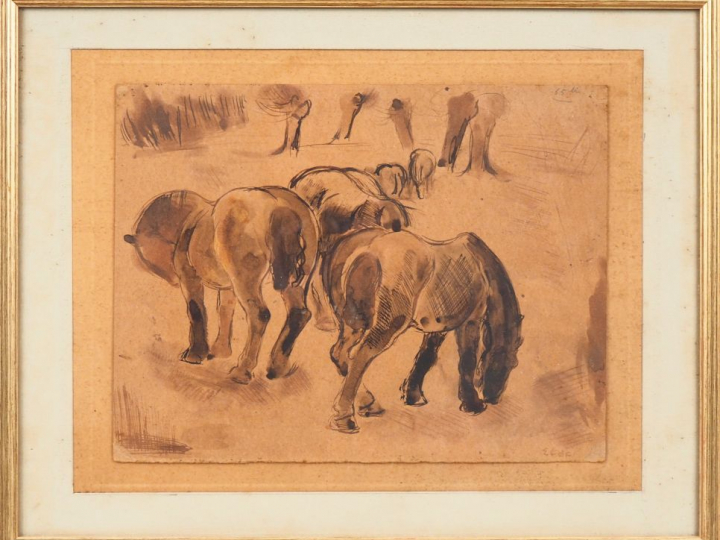 Ecole française Xxème. "Chevaux dans le près". Aquarelle signée en bas