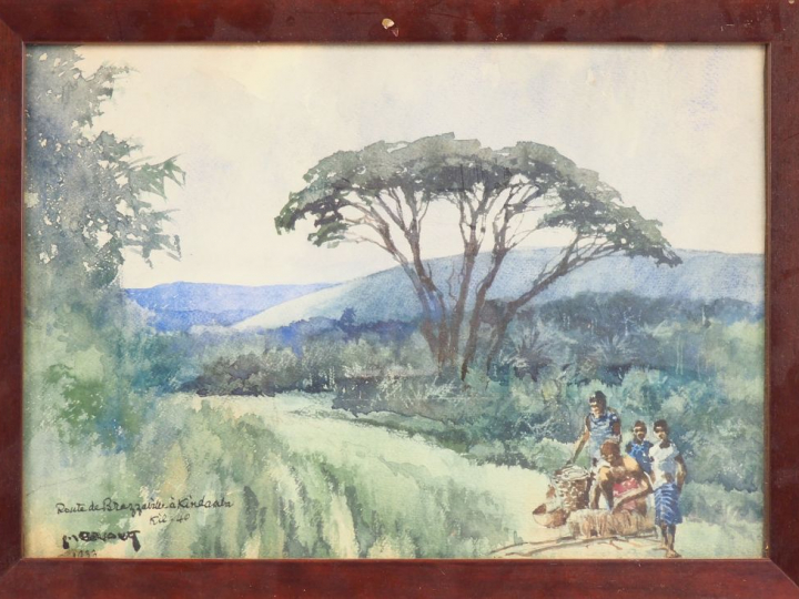 Ecole africaniste XXème. "Route de Brazzaville". Aquarelle signée en b