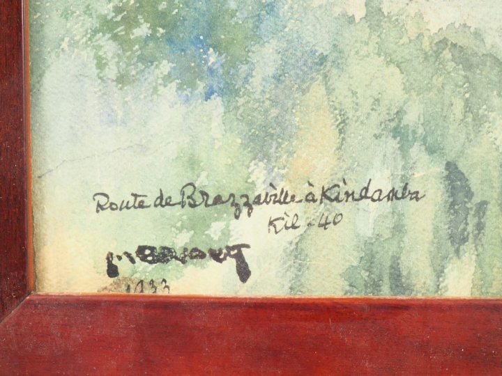 Ecole africaniste XXème. "Route de Brazzaville". Aquarelle signée en b