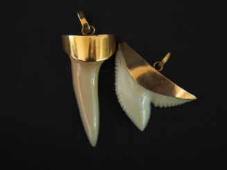 Vente aux enchères Deux différents pendentifs en or jaune, en forme de dent de requin.  H