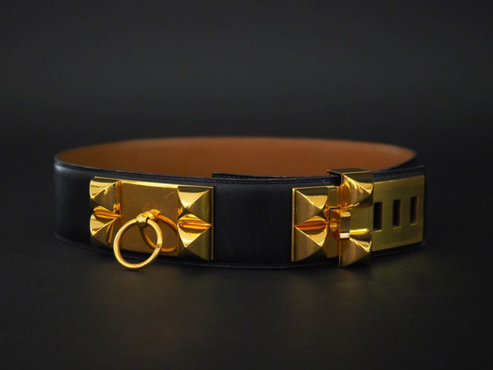 HERMES, Paris Ceinture, modèle Collier de chien en box noir et métal d