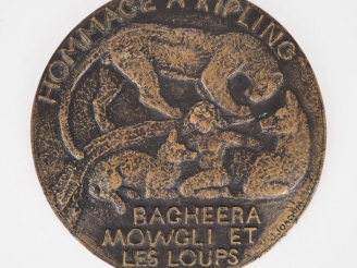 Vente aux enchères J. JOACHIM.  "Hommage à Kipling" Grande médaille en bronze patiné.  Di