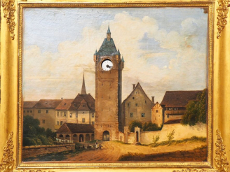 Vente aux enchères Tableau horloge XIXème à décor de ville animée.  Dim. avec le cadre d'