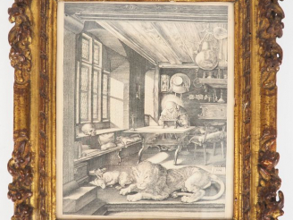 Vente aux enchères D'après DURER.  Gravure en noir dans un cadre XVIIIème en bois sculpté