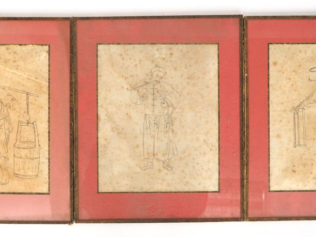 Chine XXème. 3 pages d'album représentant des petits métiers de la Chi