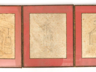 Vente aux enchères Chine XXème. 3 pages d'album représentant des petits métiers de la Chi