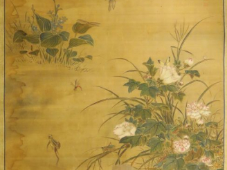 Vente aux enchères Grande peinture en couleurs sur soie représentant un buisson de pivoin