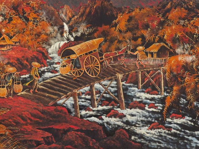 LÊ THANH (1919-2003). Important panneau en laque, à décor polychrome r