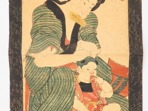 TOYOKUNI III (1786-1865) Estampe double oban ou kakemono-e, jeune femm