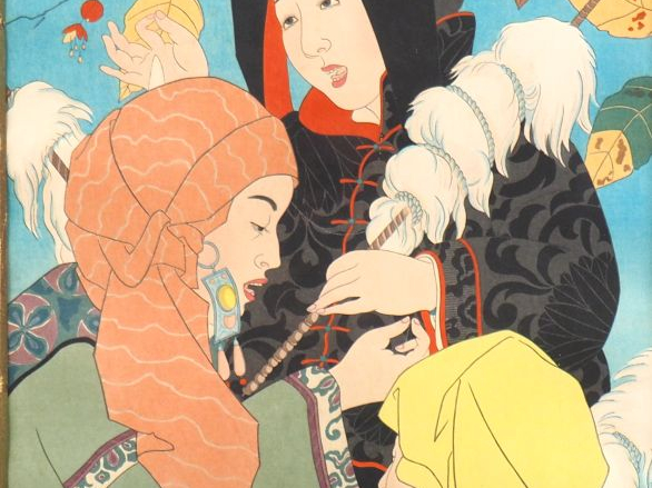 Paul JACOULET.  Estampe figurant le chant des fileuses mongoles. Non s