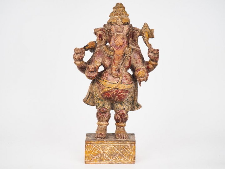 Inde du Nord, fin du XIXème. Statuette en bois polychrome figurant Gan
