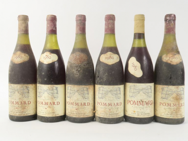 6 BOUTEILLES POMMARD CAVES DES BATISTINES - 1980 - BS/2 CAPS CORRODÉES