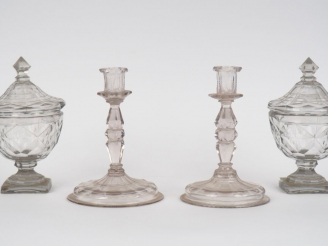 Vente aux enchères Paire de bougeoirs Restauration en verre soufflé. H. 19,5 cm  (un acci