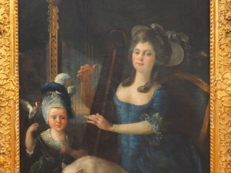 Vente aux enchères Ecole française vers 1770.  'La jeune mère harpiste". Huile sur toile 