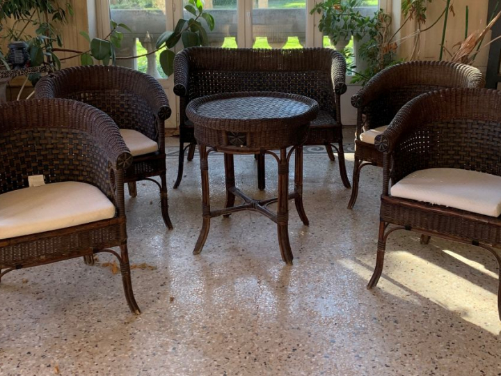 Mobilier de salon d’hiver 1900 en rotin polychrome comprenant : un can