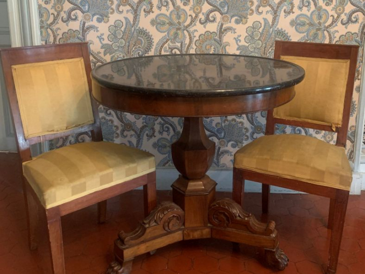 Paire de chaises de style Directoire en bois naturel, garniture de tis