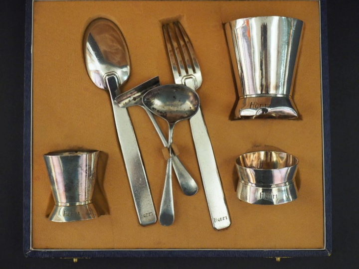 Coffret de naissance de style Art décor en argent 925, poinçon Minerve