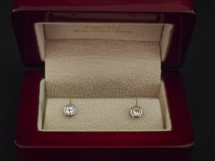 Paire de puces d'oreilles en or blanc 750, serties en leur centre d'un