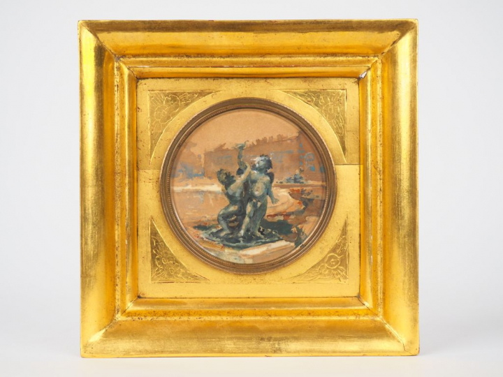 Ecole française 1900.  Miniature en tondo "sculptures dans le parc de 